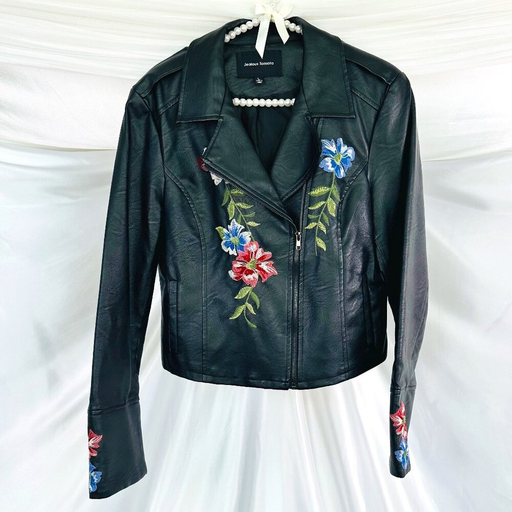 Jealous Tomato Embroidered Faux Leather Moto Jacket - Size L